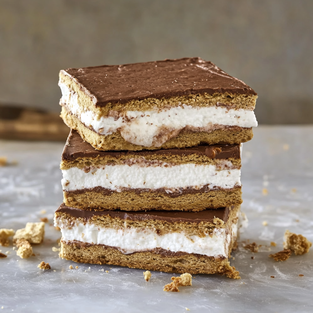 Frozen s'mores squares with layered graham crackers, chocolate and marshmallow on parchment paper