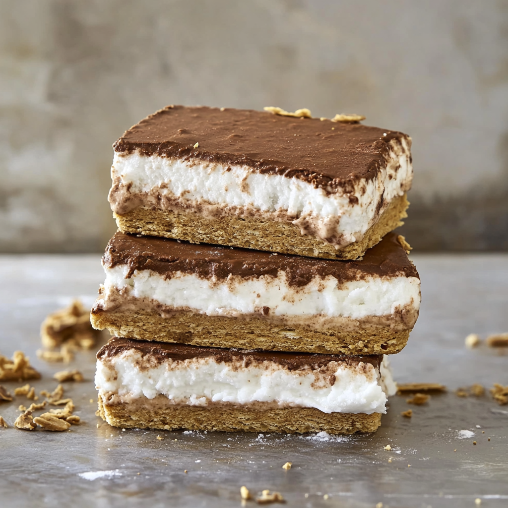 Close-up of frozen s'mores bar with melty chocolate and toasted marshmallow texture
