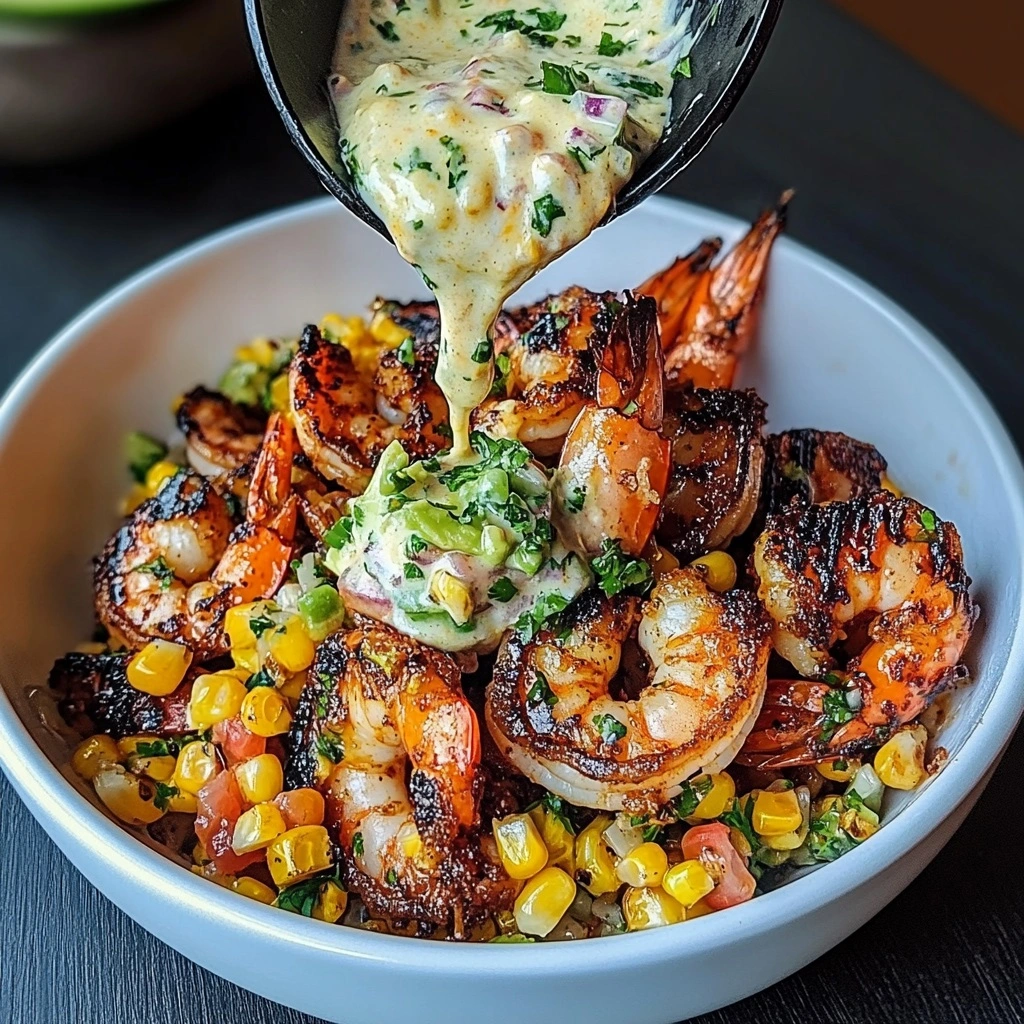 Vibrant grilled shrimp bowl with avocado slices, corn salsa and drizzled creamy sauce on rice