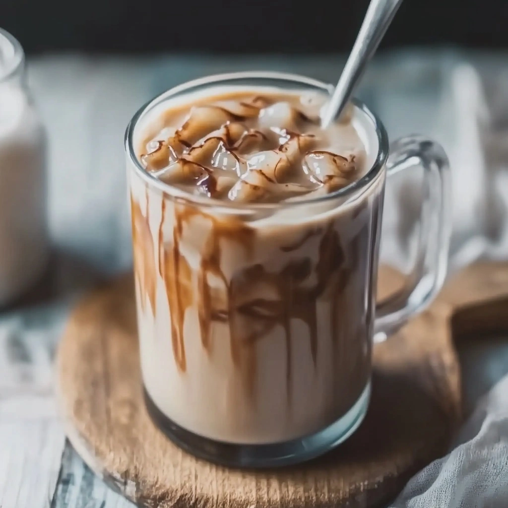 Glass of homemade iced cinnamon roll latte with whipped cream and cinnamon drizzle on rustic table
