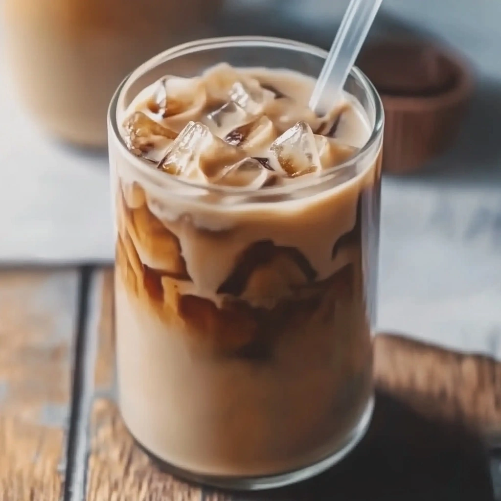 Close-up of iced cinnamon latte with cinnamon stick garnish and condensation on glass