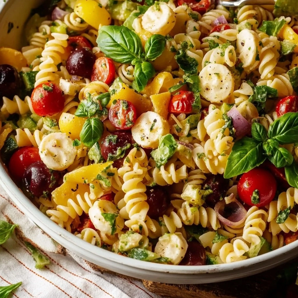 Close-up of cold Italian Pasta Salad with basil garnish on a wooden table