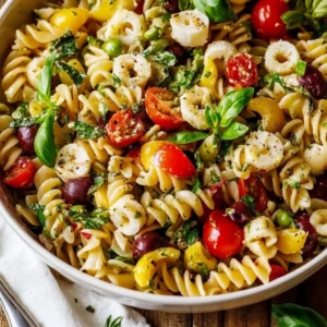 Creamy Italian Pasta Salad with tomatoes, olives, and mozzarella in a white bowl.