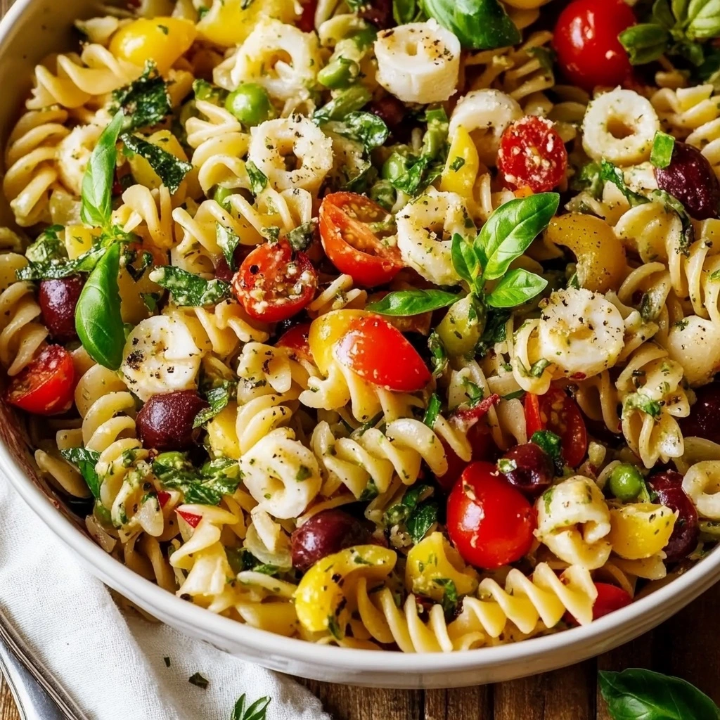 Creamy Italian Pasta Salad with tomatoes, olives, and mozzarella in a white bowl.