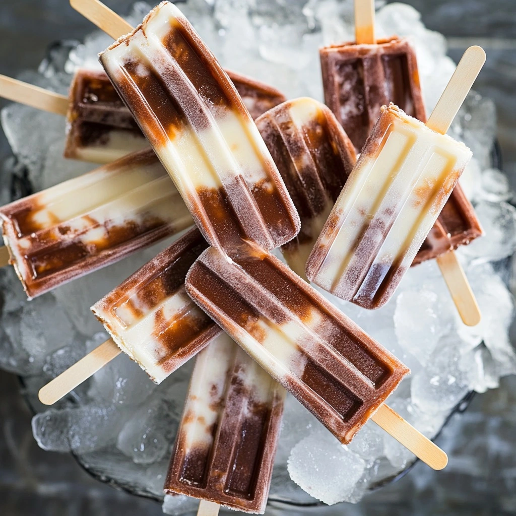 Homemade Jello pudding pops in rainbow colors with chocolate drizzle melting slightly on wooden board