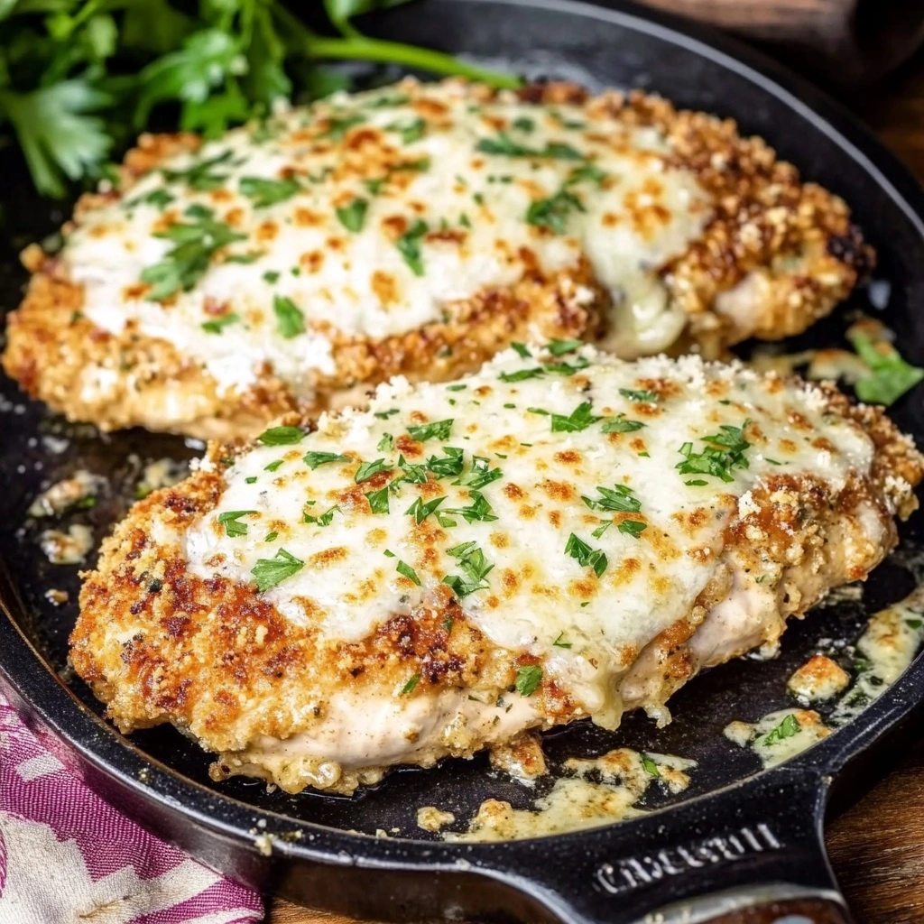 Crispy golden LongHorn-style Parmesan chicken with creamy sauce on white plate, garnished with parsley