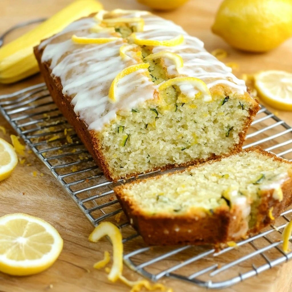 Close-up of lemony zucchini bread slice with visible zucchini shreds