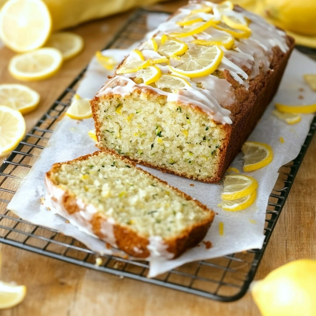 Sliced lemon zucchini bread with citrus glaze drizzled on top