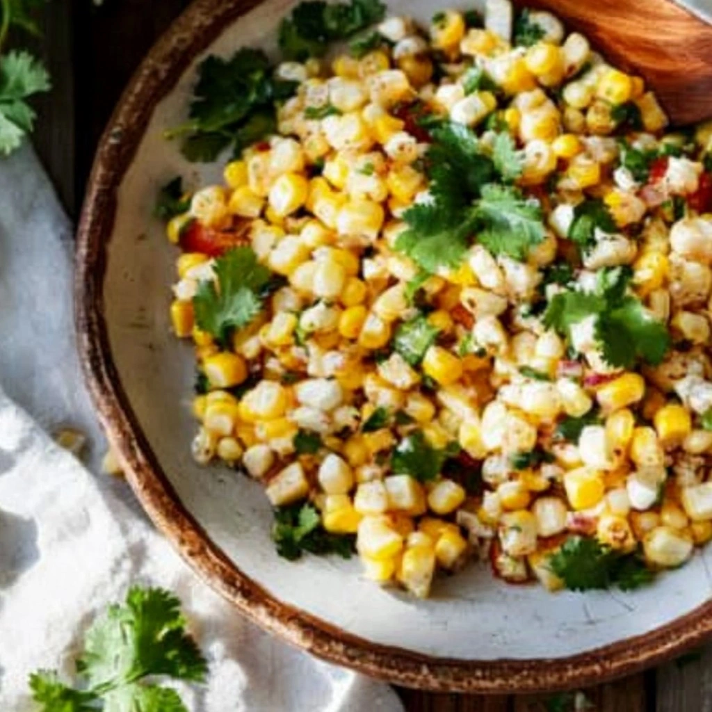 Close-up of creamy Mexican corn salad with chili powder and cilantro topping