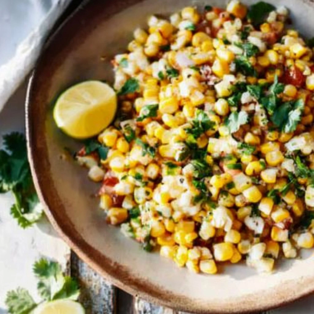 Colorful Mexican street corn salad in clay bowl with lime wedge and cotija cheese garnish