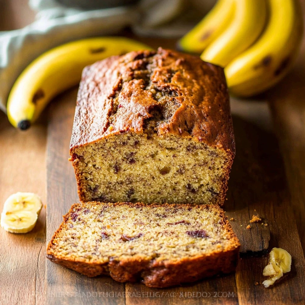 Golden brown loaf of moist banana bread on wooden board with sliced piece showing tender crumb