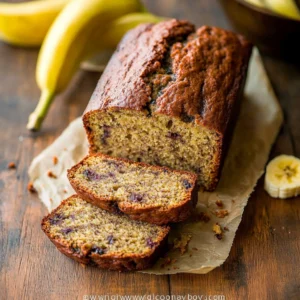Close-up of sliced moist banana bread with melting butter on crust