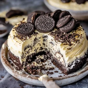 Close-up of OREO dirt cake scoop with creamy filling and cookie crumbs