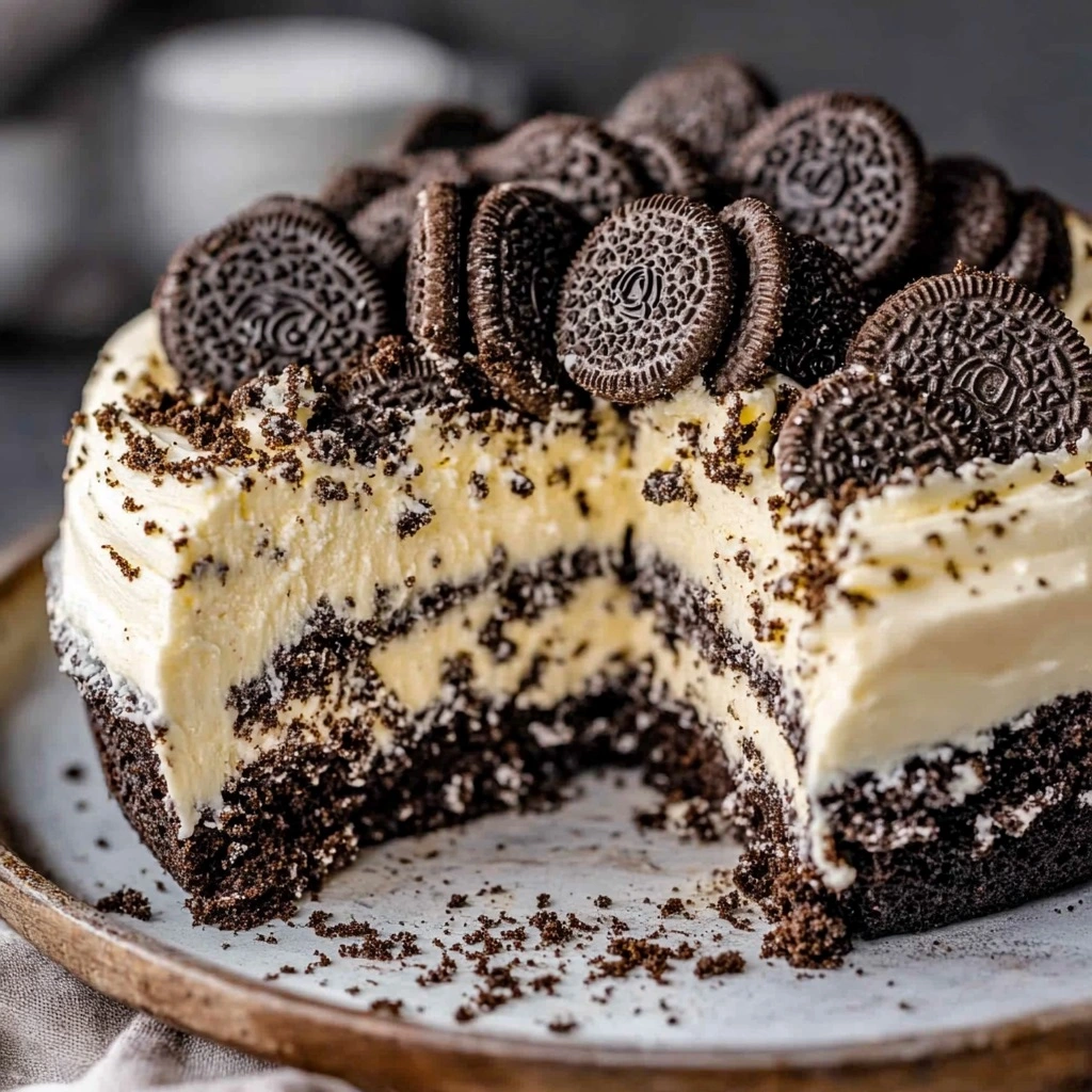 Layered OREO dirt cake in glass dish with gummy worms peeking through chocolate crumbs
