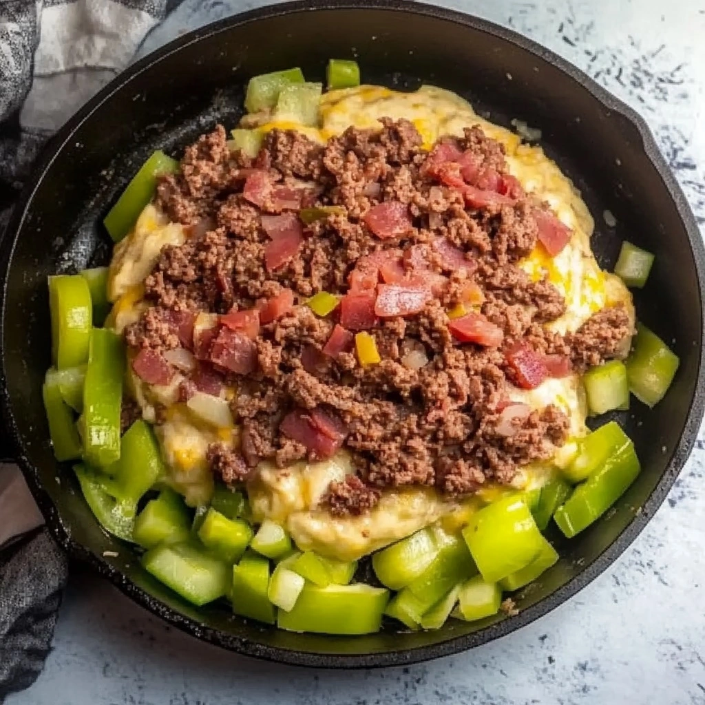 Ground beef and veggies sautéing for Philly Cheesesteak Sloppy Joes
