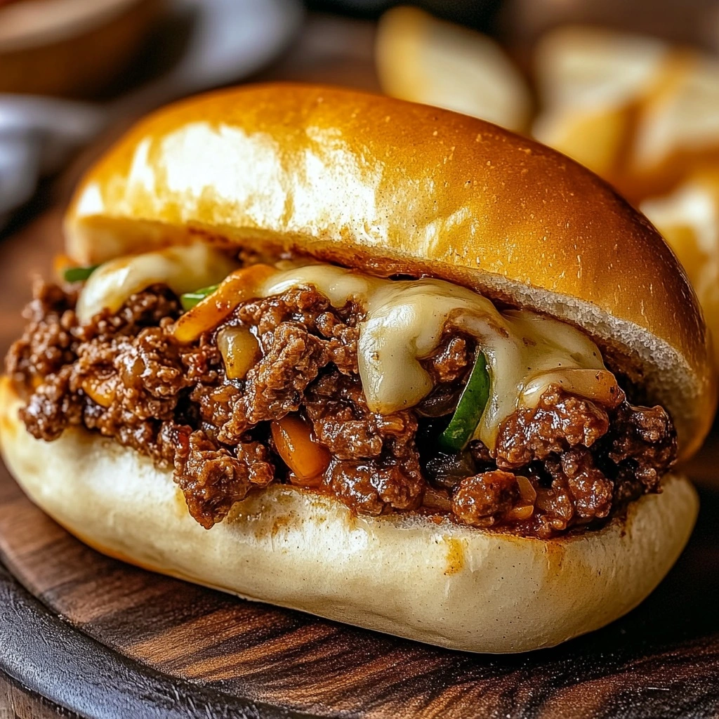 Homemade Philly Cheesesteak Sloppy Joes on toasted brioche buns with melted provolone cheese