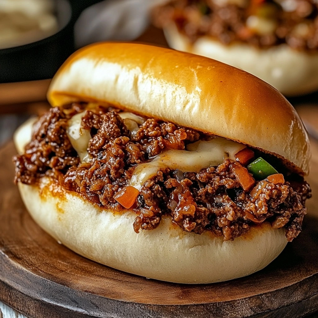 Close-up of juicy Philly Cheesesteak Sloppy Joes with caramelized peppers and onions
