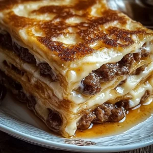 Golden pancake sausage casserole with melted cheese and syrup drizzle