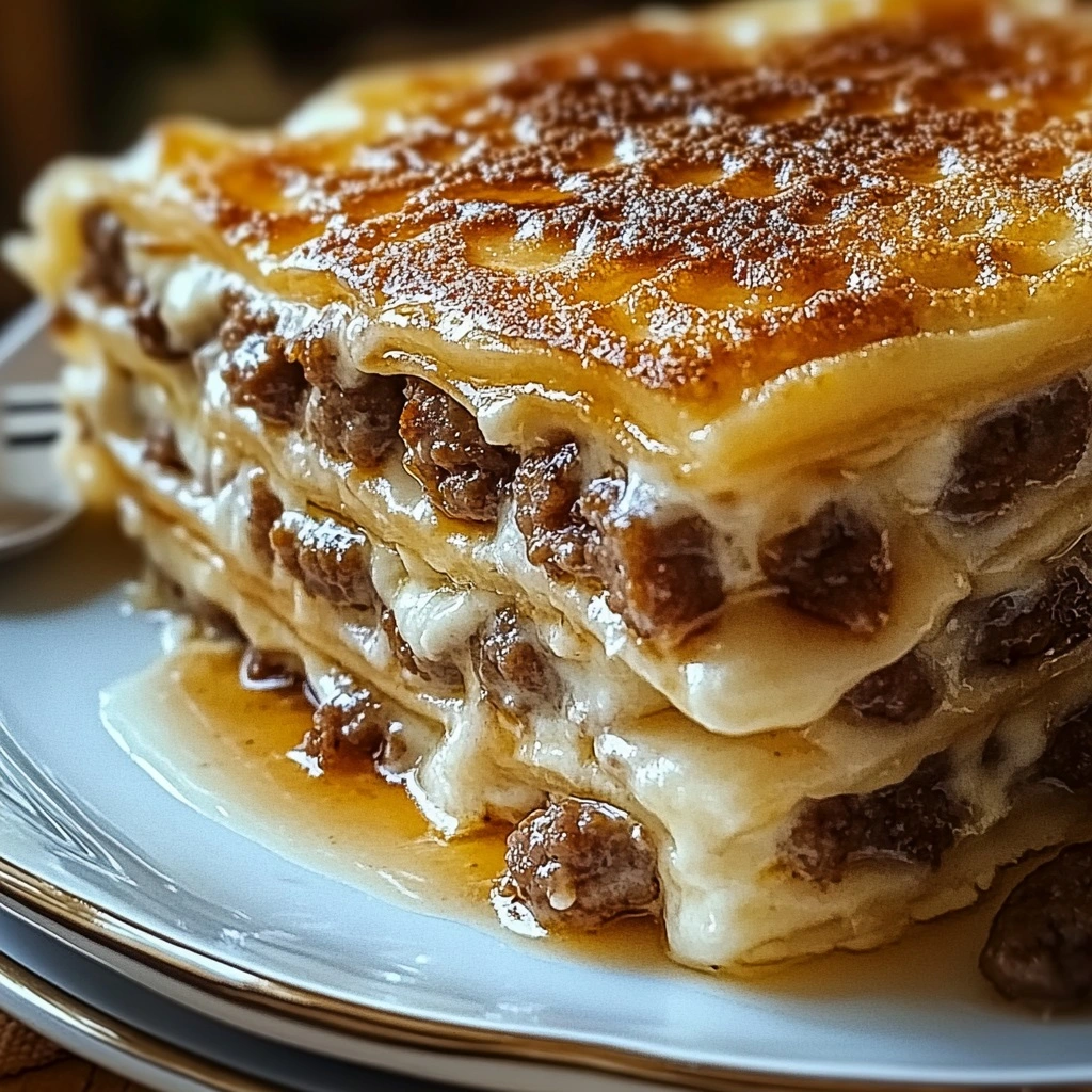 Close-up of pancake casserole slice showing sausage and cheese layers