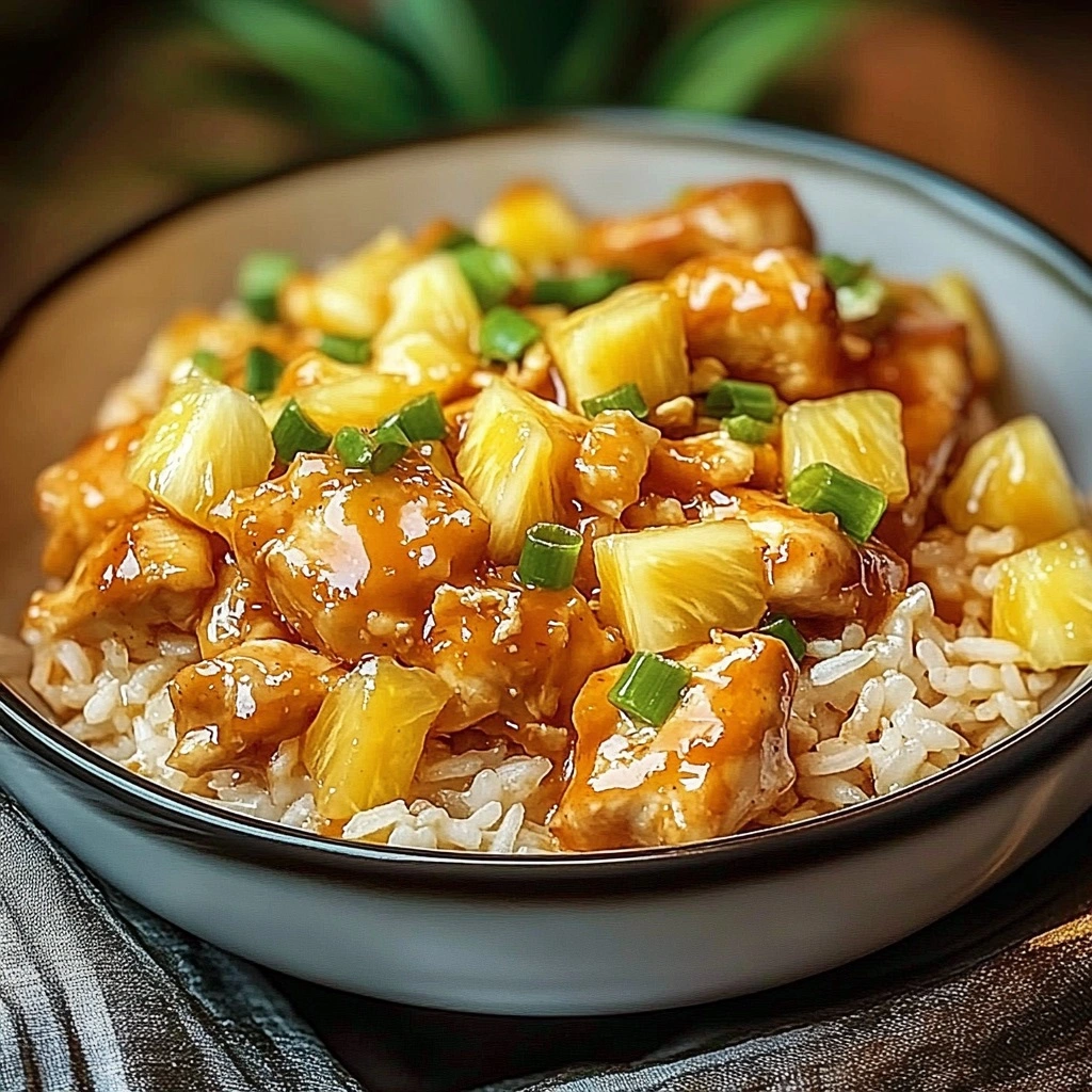 Pineapple_Chicken_and_Ri_1 Homemade sweet and savory pineapple chicken and rice served over fluffy white rice