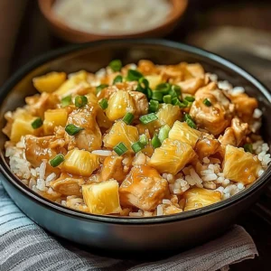 Golden pineapple chicken and rice garnished with sesame seeds and green onions