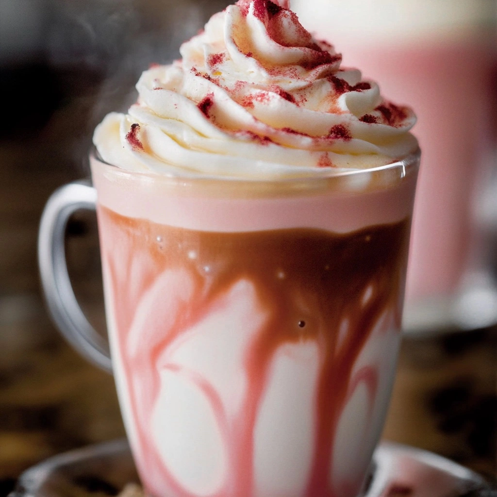Homemade Pink Velvet Macchiato in a clear glass with whipped cream and raspberry drizzle, just like Starbucks!