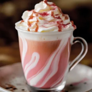 Close-up of Pink Velvet Macchiato with espresso swirls and pink foam.