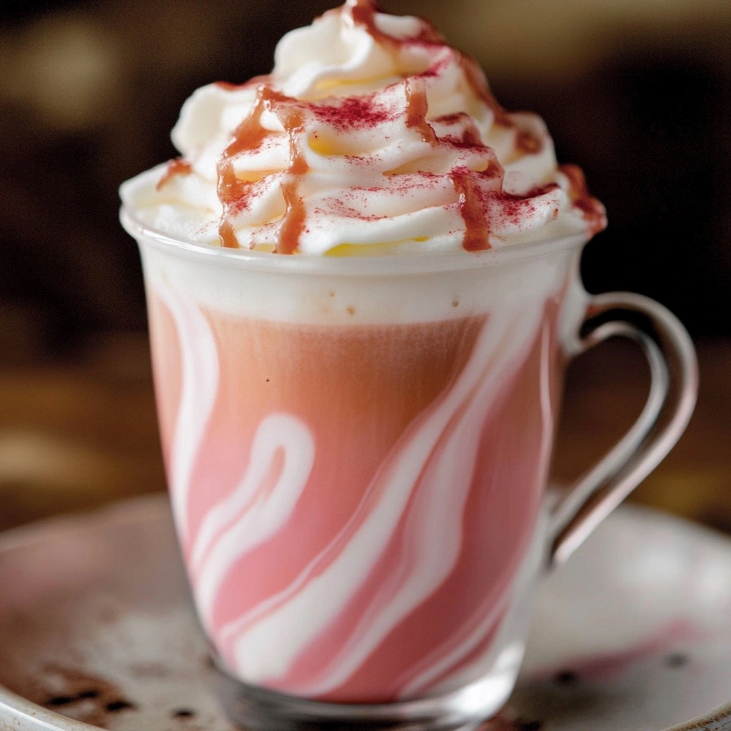 Close-up of Pink Velvet Macchiato with espresso swirls and pink foam.