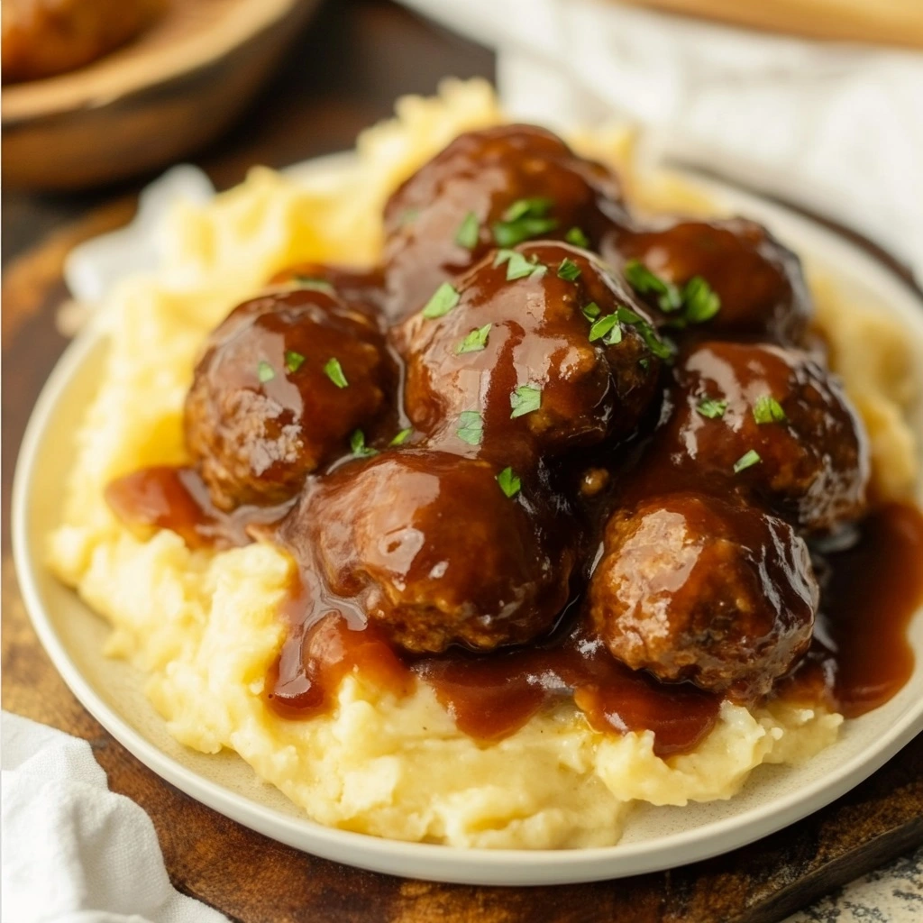 Juicy Salisbury steak meatballs smothered in rich mushroom gravy