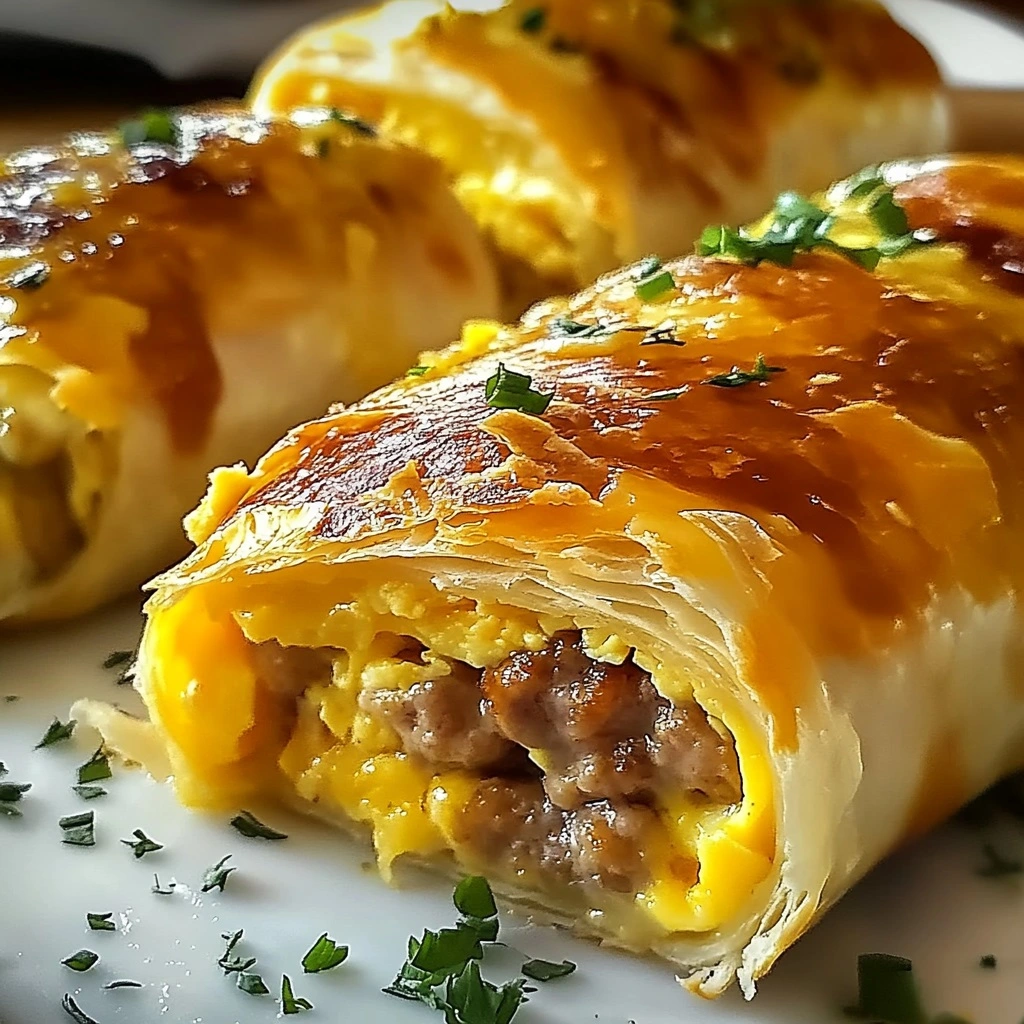 Golden sausage egg and cheese breakfast roll-ups sliced diagonally on white plate