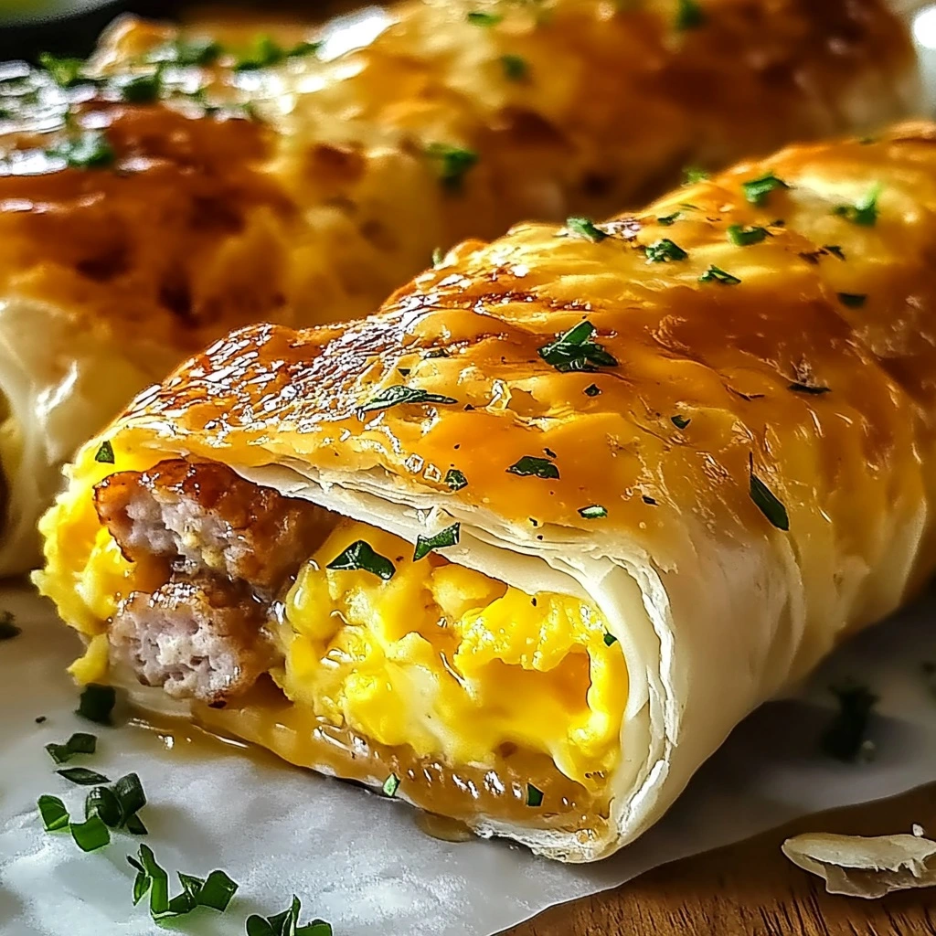 Close-up of sausage egg roll-up with melted cheese pulling apart