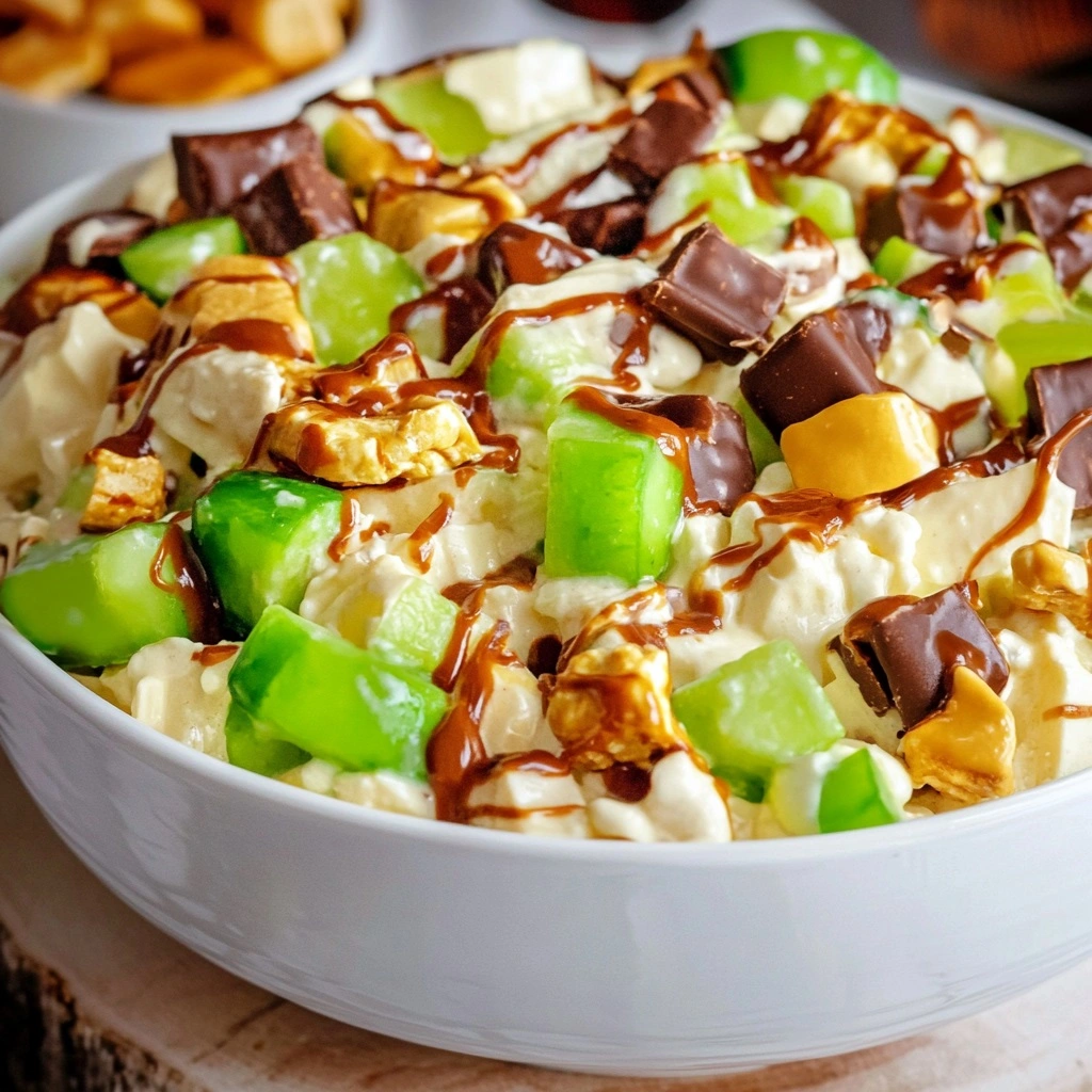Creamy Snickers salad with caramel drizzle and chopped apples in a white bowl.