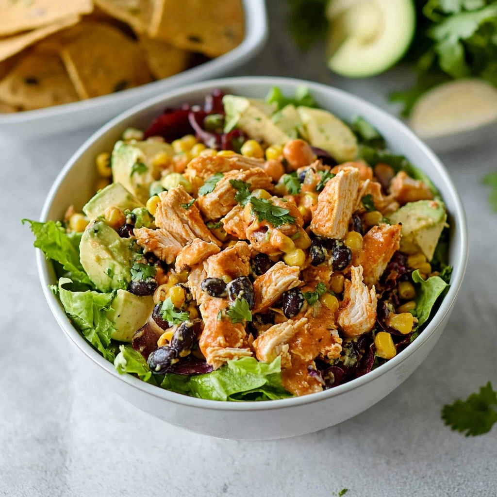 Colorful Southwest Chicken Salad with grilled chicken, black beans, corn and creamy dressing in bowl