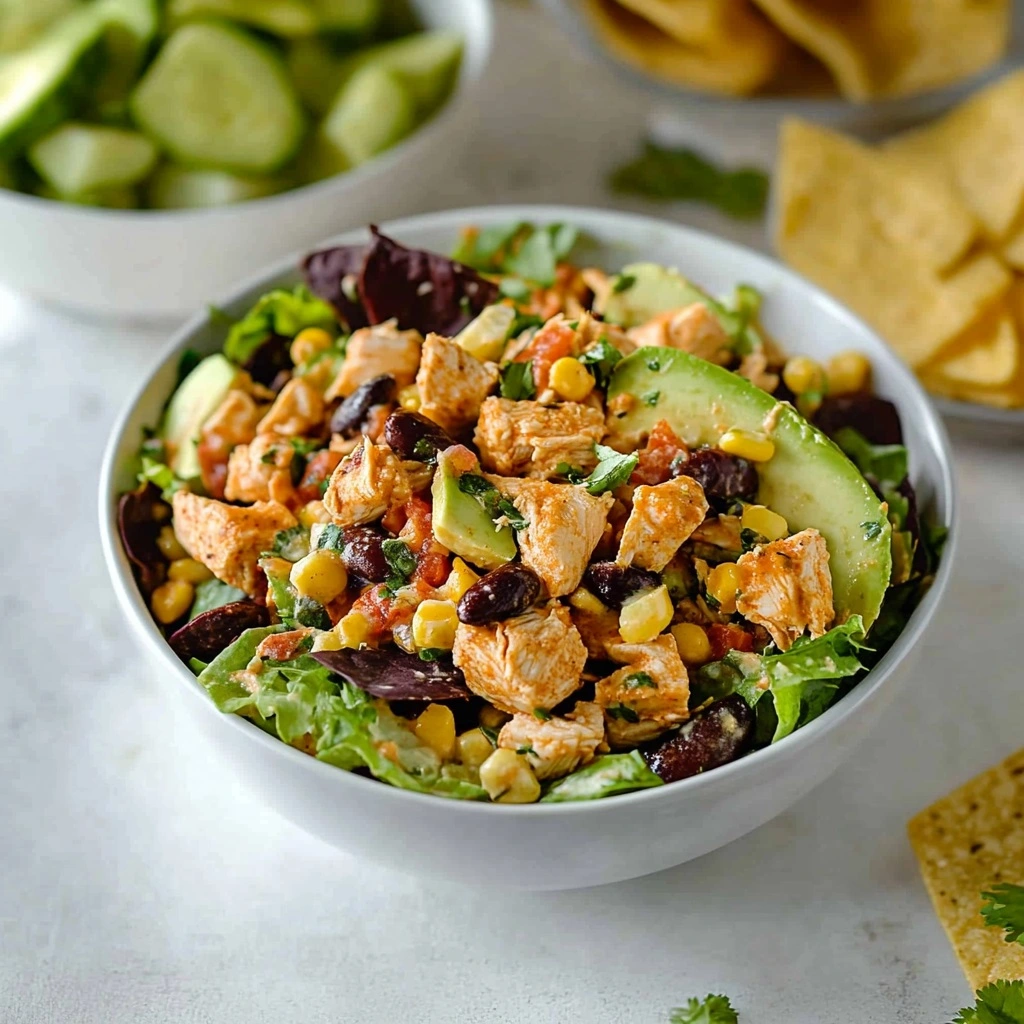 Close-up of homemade Southwest Chicken Salad with avocado and tortilla strips