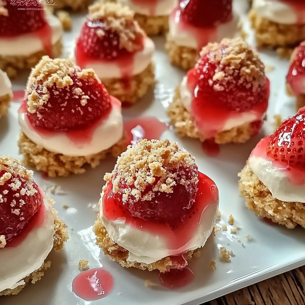 Homemade Strawberry Cheesecake Crunch Bites with glossy glaze and colorful coating