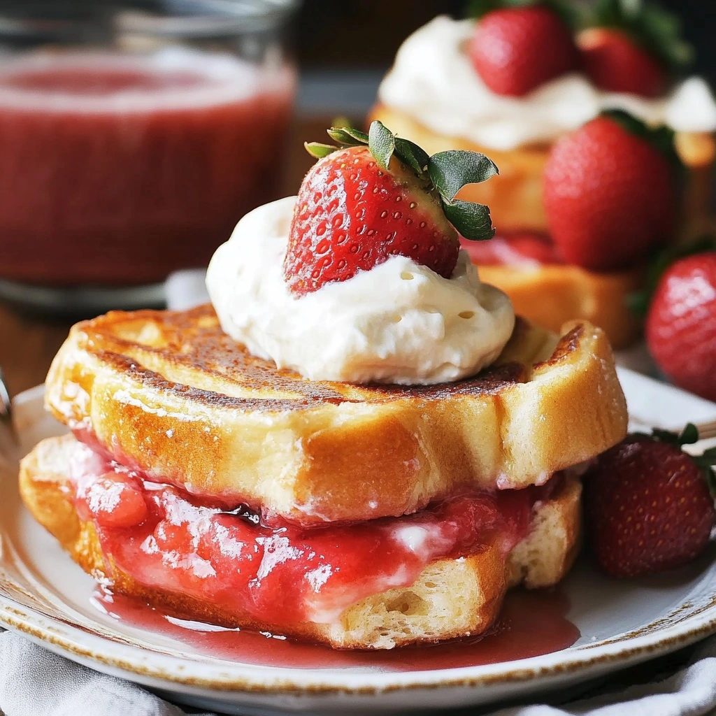 Stack of strawberry cheesecake stuffed French toast with powdered sugar and fresh berries