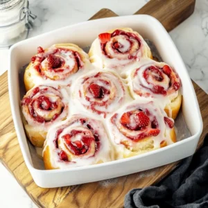 Close-up of pulled-apart strawberry cheesecake cinnamon roll showing gooey layers