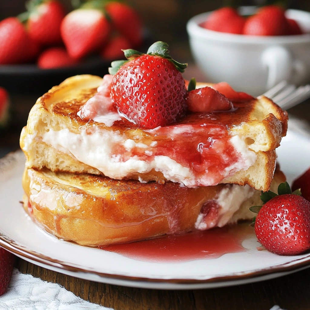 Close-up of stuffed French toast with creamy filling dripping out