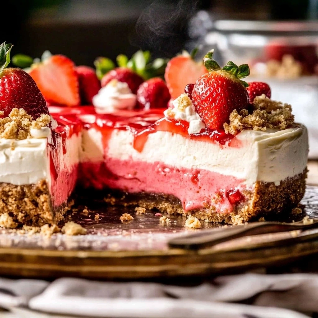 No-bake strawberry crunch cheesecake slice with layered filling and golden crumb topping