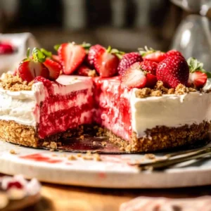 Whole strawberry crunch cheesecake decorated with fresh berries on cake stand