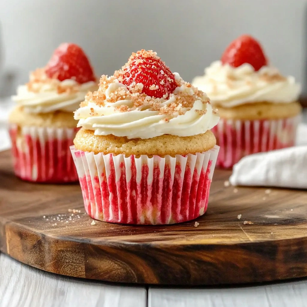 Homemade strawberry crunch cupcakes with golden Oreo crumble topping on a rustic wood board