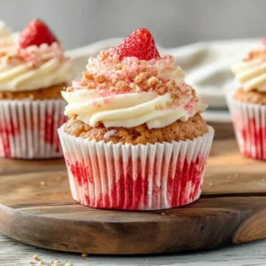 Close-up of strawberry crunch cupcake with perfect swirl of pink frosting and crumb topping