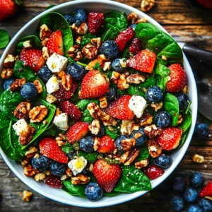 Close-up of strawberry spinach salad with honey balsamic dressing dripping from serving spoon