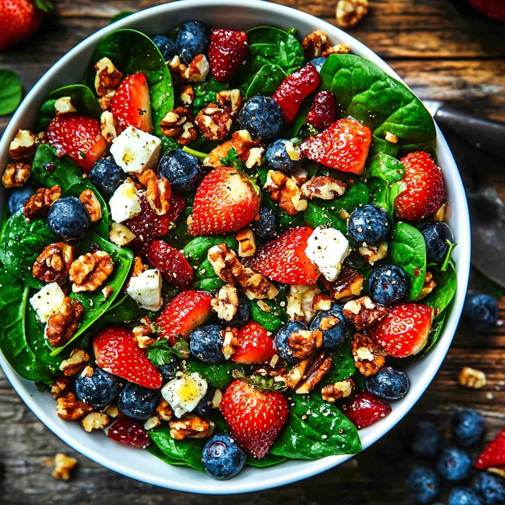 Close-up of strawberry spinach salad with honey balsamic dressing dripping from serving spoon