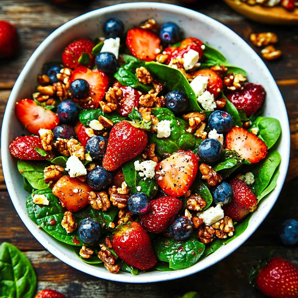 Vibrant strawberry spinach salad in white bowl with feta crumbles, pecans, and balsamic drizzle