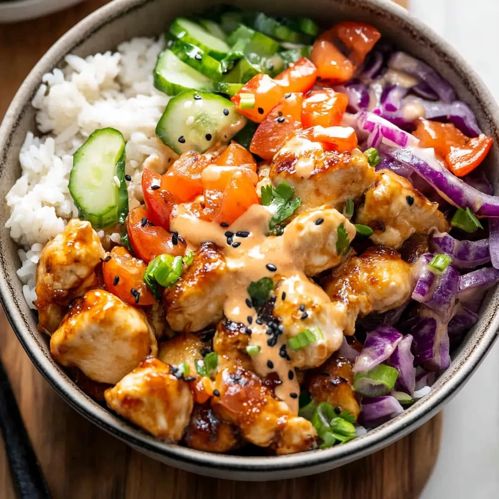 A close-up forkful of juicy Bang Bang Chicken and rice being lifted from a colorful bowl, showing the creamy texture of the sauce.