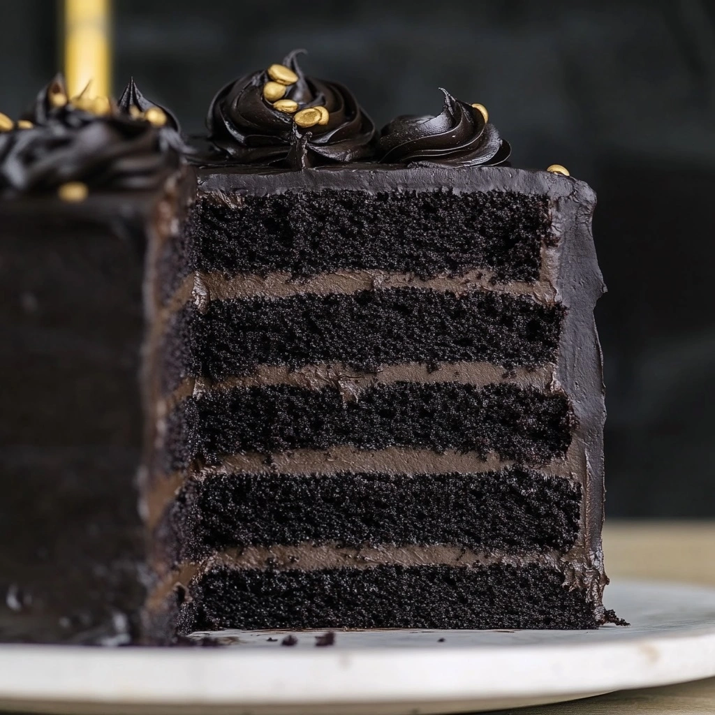 Slice of Black Velvet Cake with white splatter decoration and chocolate buttercream layers