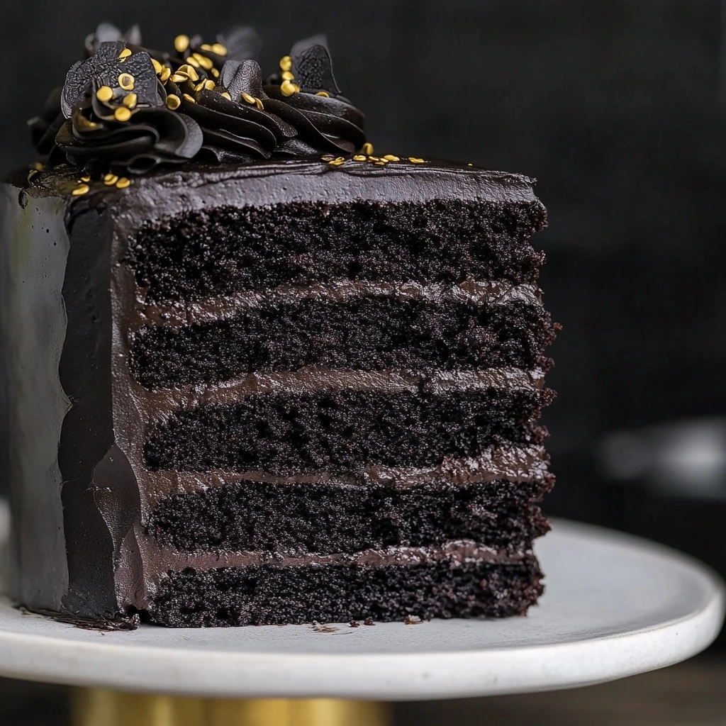 Black_Velvet_Cake_Recipe_2 Whole Black Velvet Cake with bat toppers and white sprinkle accents on a cake stand