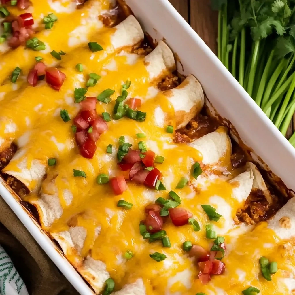 Breakfast_Enchiladas_1 A golden-brown, bubbly casserole of baked breakfast enchiladas fresh from the oven, topped with melted cheese and garnished with fresh cilantro.