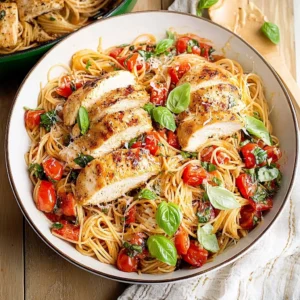 A large skillet filled with angel hair pasta tossed in a fresh bruschetta sauce and topped with perfectly sliced, juicy chicken breast.